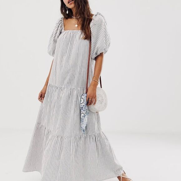ASOS Design Cotton Tiered Striped Puff Sleeves Maxi Dress in white/Multi Size 6 - Picture 1 of 10